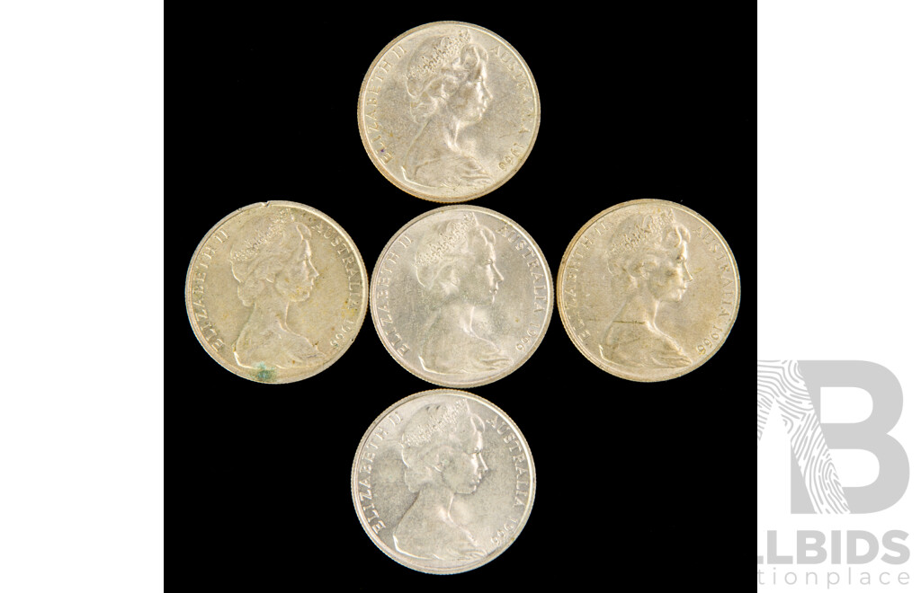 Five Australian 1966 Round Silver Fifty Cent Coins .800