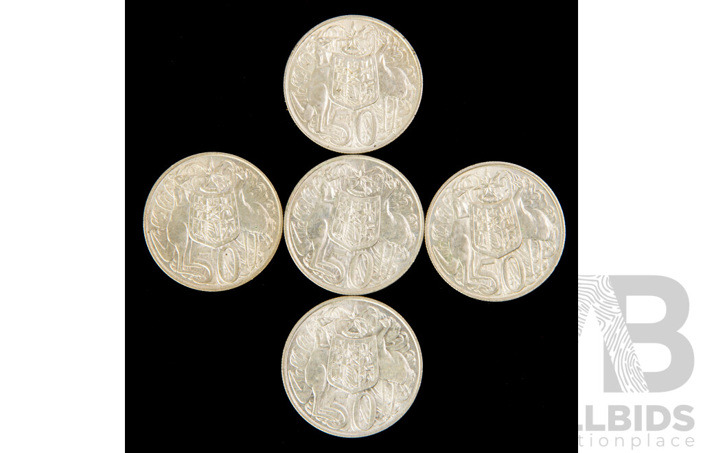 Five Australian 1966 Round Silver Fifty Cent Coins .800