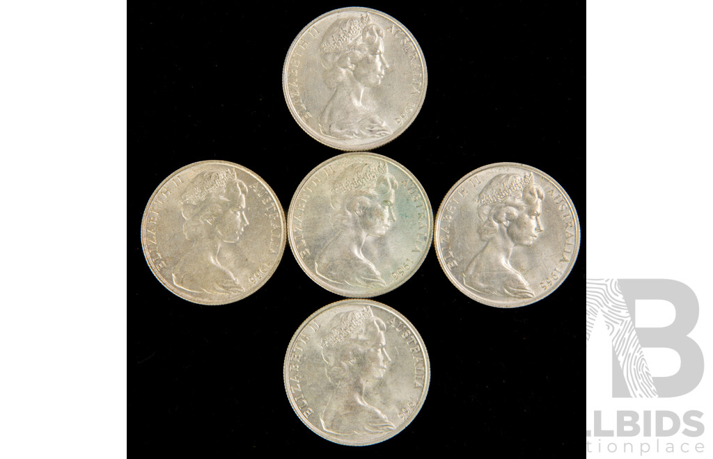 Five Australian 1966 Round Silver Fifty Cent Coins .800
