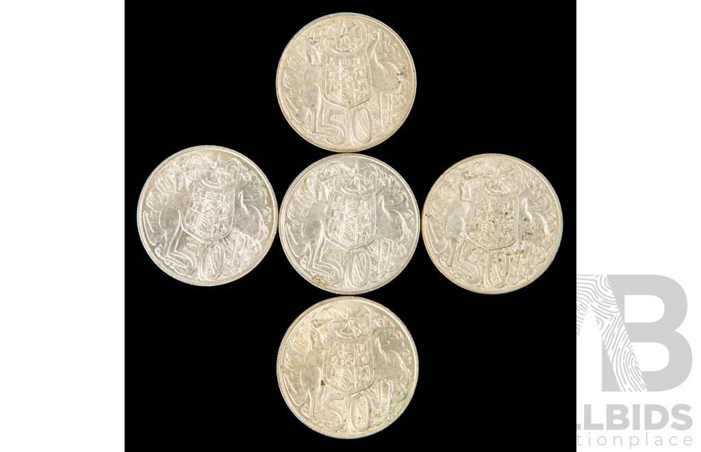 Five Australian 1966 Round Silver Fifty Cent Coins .800