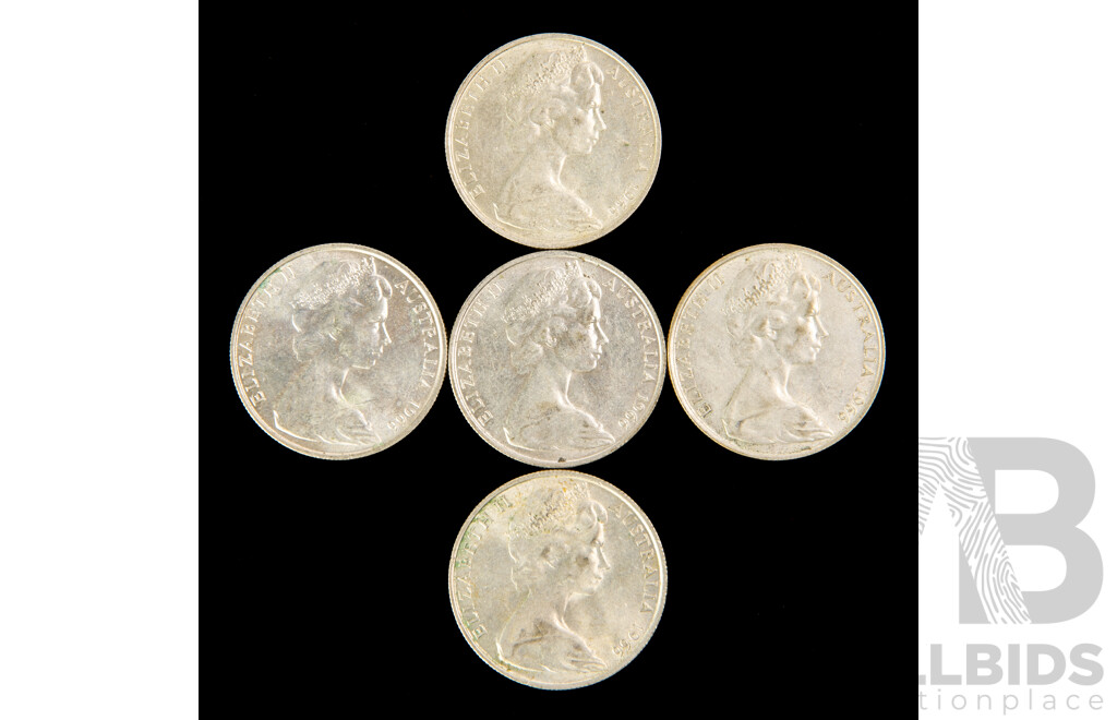 Five Australian 1966 Round Silver Fifty Cent Coins .800
