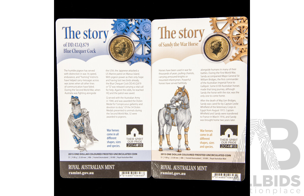 Australian RAM 2015 One Dollar Coins, Unlikely Heroes Great and Small, Sandy the War Horse and Blue Chequer Cock