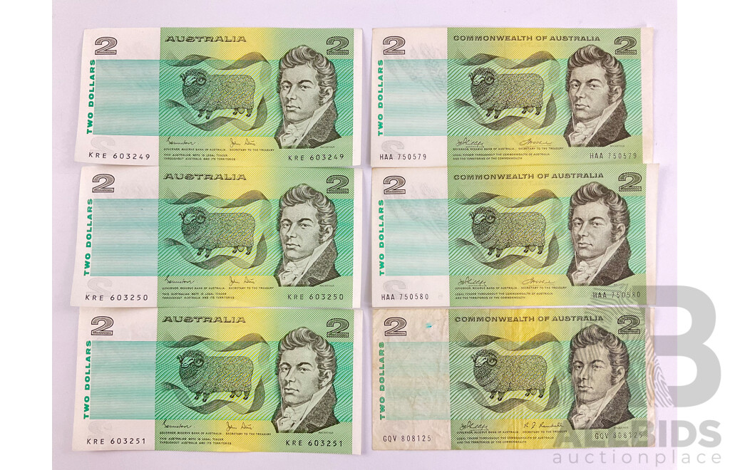Australian Two Dollar Notes, 1983 Johnston/Stone R88 Consecutive KRE 603249 - KRE 603251,  1972 COA Phillips/Wheeler R84 Consecutive HAA 750579 - HAA750580, 1968 R83 Phillips/Randall GQV