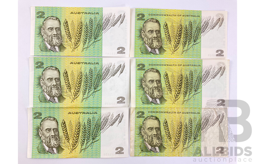 Australian Two Dollar Notes, 1983 Johnston/Stone R88 Consecutive KRE 603249 - KRE 603251,  1972 COA Phillips/Wheeler R84 Consecutive HAA 750579 - HAA750580, 1968 R83 Phillips/Randall GQV