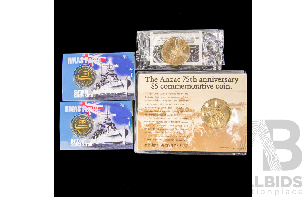 Four Australian Commemorative Five Dollar Coins Including 1988 Parliament House, 1990 ANZAC, 2002 HMAS Perth(2)