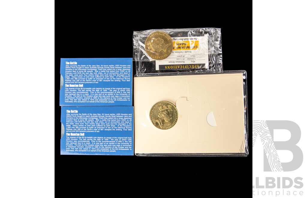 Four Australian Commemorative Five Dollar Coins Including 1988 Parliament House, 1990 ANZAC, 2002 HMAS Perth(2)