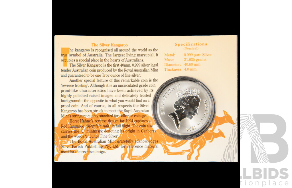 Australian RAM 1994 One Dollar Silver Coin ‘C’ Mint Mark, Kangaroo .999