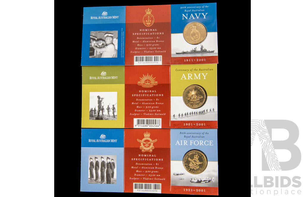 Australian RAM 2001 Australian Defence Forces One Dollar Coins, Army S Mint Mark, Air Force, Navy