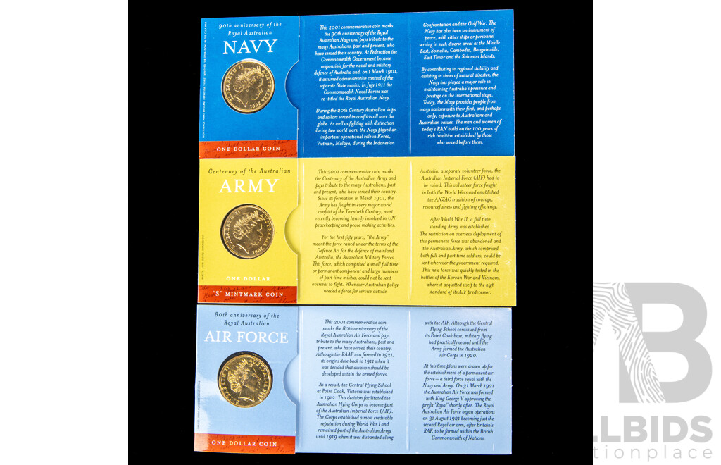 Australian RAM 2001 Australian Defence Forces One Dollar Coins, Army S Mint Mark, Air Force, Navy