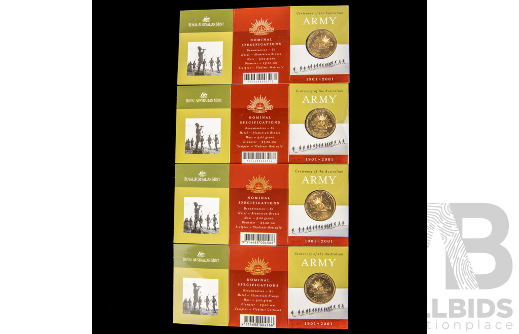 Four Australian RAM 2001 Ne Dollar Coins, Centenary of the Australian Army S Mint Mark(2) C Mint Mark(2)