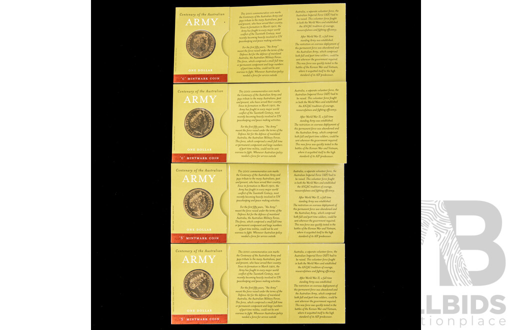 Four Australian RAM 2001 Ne Dollar Coins, Centenary of the Australian Army S Mint Mark(2) C Mint Mark(2)