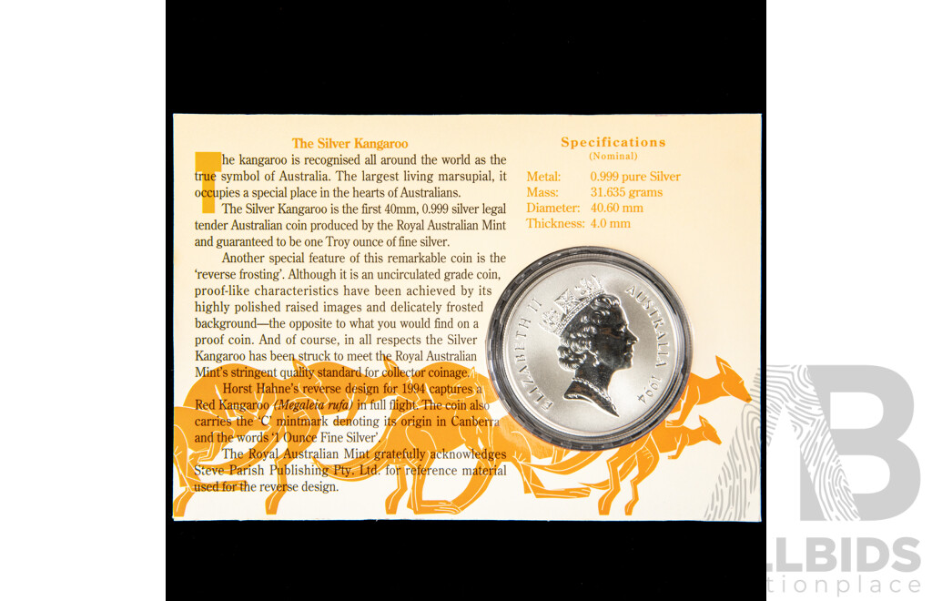 Australian RAM 1994 One Dollar Silver Coin ‘C’ Mint Mark, Kangaroo .999