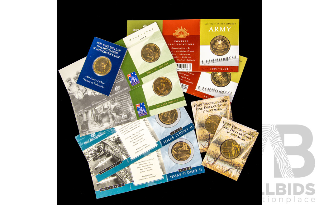 Australian RAM Commemorative One Dollar Coins Including 1995 Waltzing Matilda B Mint Mark(2), 1996 Henry Parkes S Mint Mark, 1999 Last ANZACS S and M Mint Marks, 2001 Army C and S Mint Marks, HMAS Sydney C and S Mint Mark
