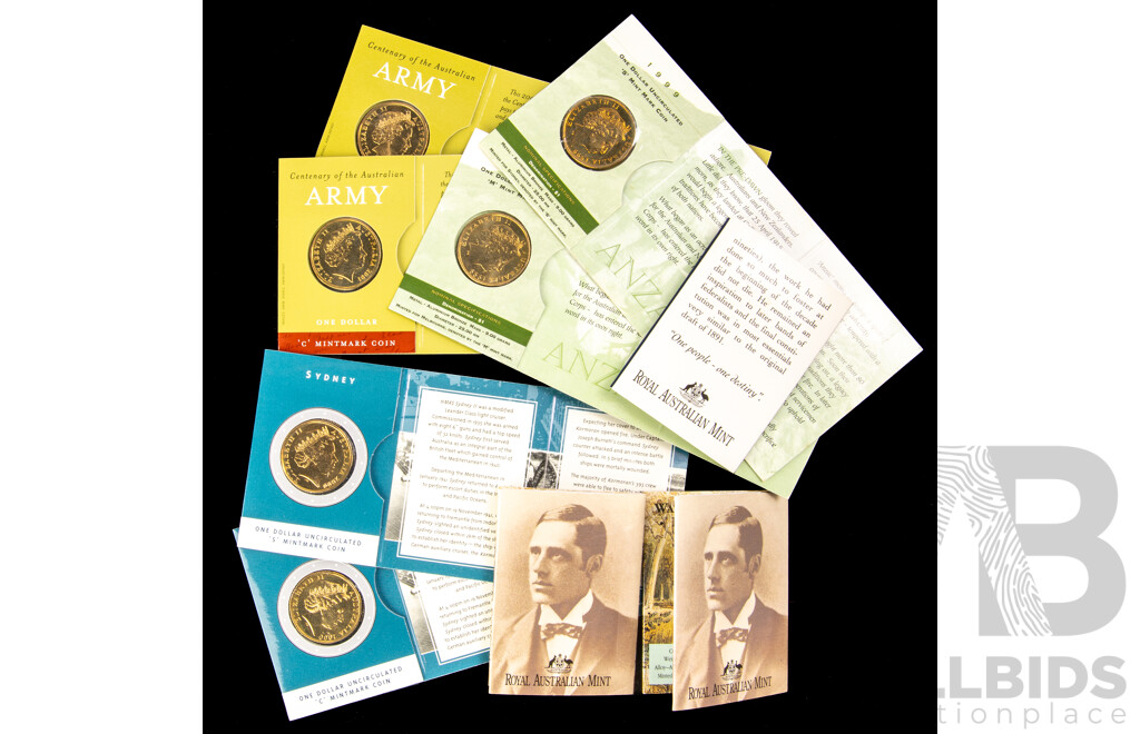 Australian RAM Commemorative One Dollar Coins Including 1995 Waltzing Matilda B Mint Mark(2), 1996 Henry Parkes S Mint Mark, 1999 Last ANZACS S and M Mint Marks, 2001 Army C and S Mint Marks, HMAS Sydney C and S Mint Mark