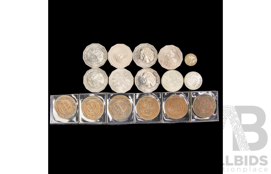Australian Predecimal and Commemorative Coins Including 1961 Silver Florin, 1946 Shilling, Six 1926 KGV Pennies,fifty Cents, 1970 Cook,1977 Jubilee, 1981 Charles and Diana(4) 1982 Commonwealth Games