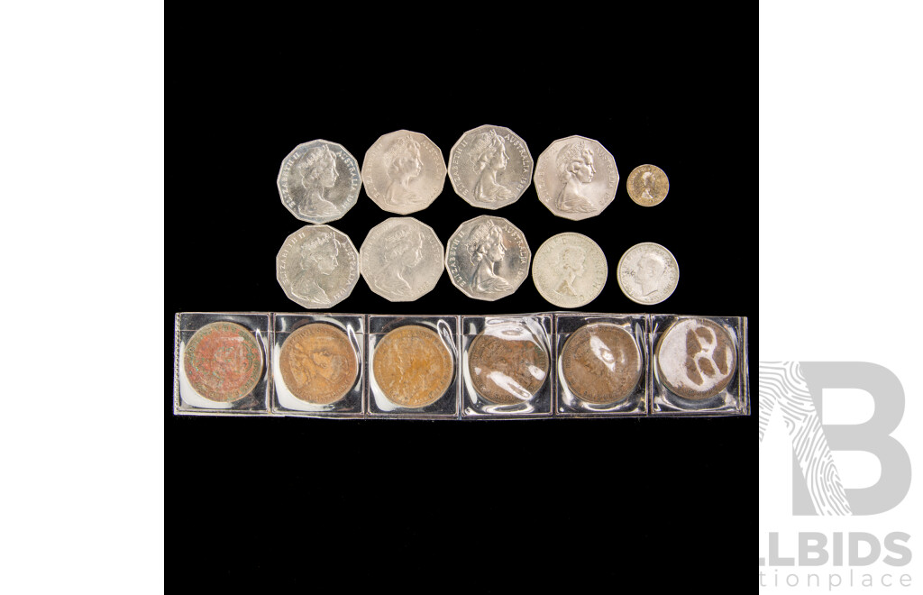 Australian Predecimal and Commemorative Coins Including 1961 Silver Florin, 1946 Shilling, Six 1926 KGV Pennies,fifty Cents, 1970 Cook,1977 Jubilee, 1981 Charles and Diana(4) 1982 Commonwealth Games