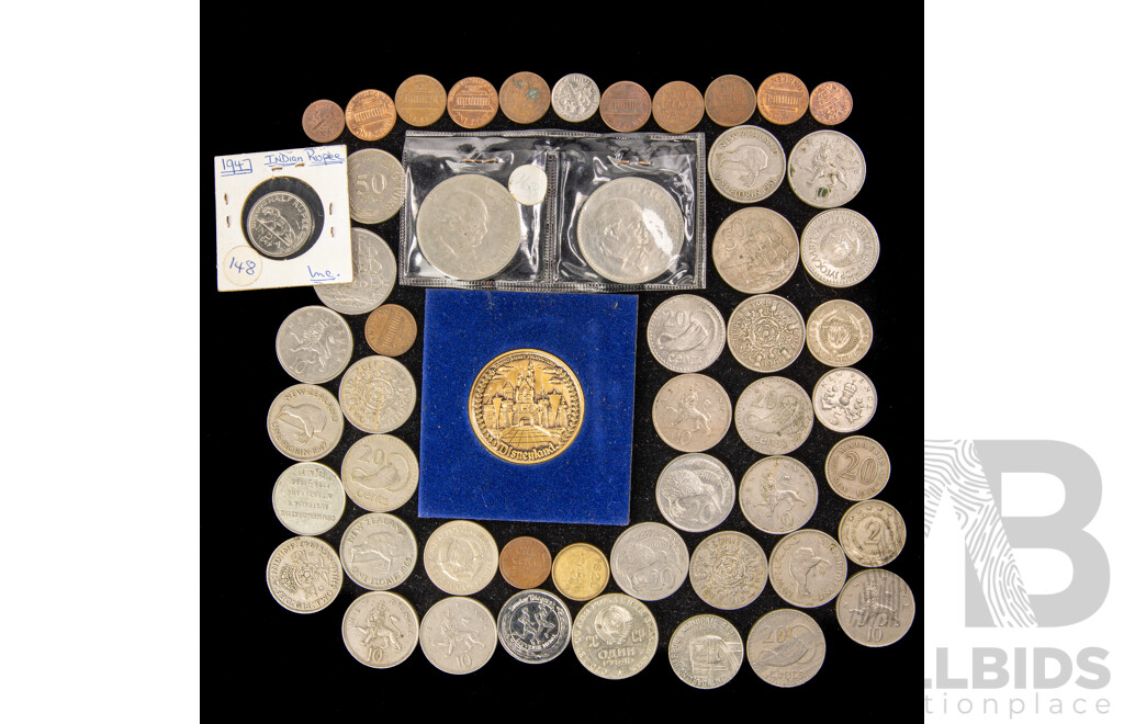 Collection of International Coins and Tokens Including India1947 Half Rupee, UK 1965 Churchill Crowns, QE2 Two Shillings, Sydney Monorail,  USA USSR and More