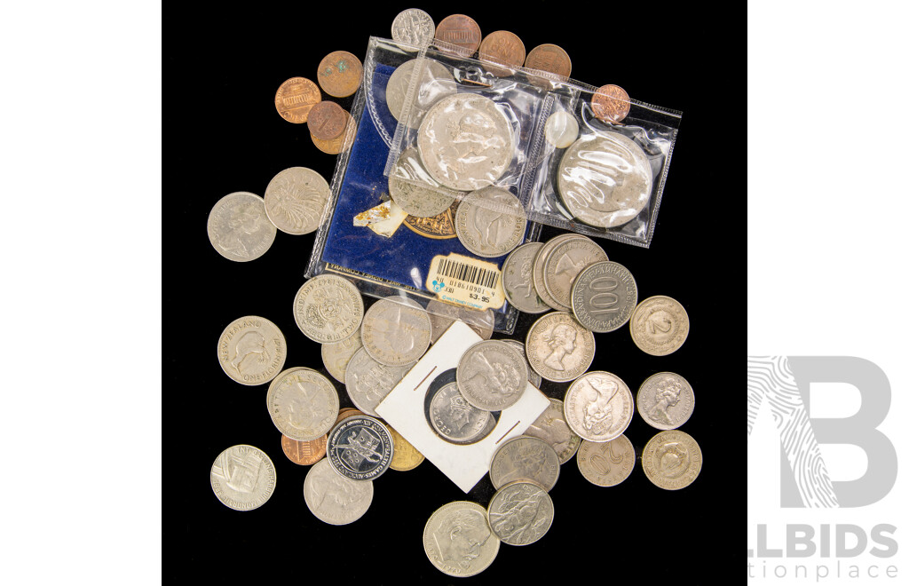 Collection of International Coins and Tokens Including India1947 Half Rupee, UK 1965 Churchill Crowns, QE2 Two Shillings, Sydney Monorail,  USA USSR and More