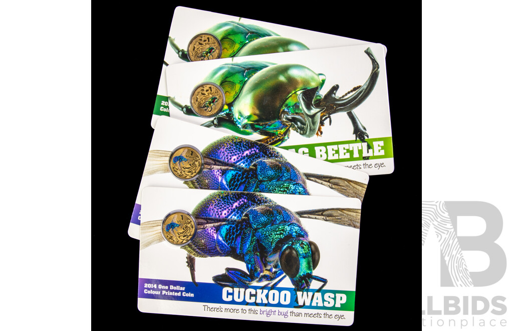 Four Australian RAM 2014 Coloured One Dollar Coins, Stag Beetle(2) and Cuckoo Wasp(2)