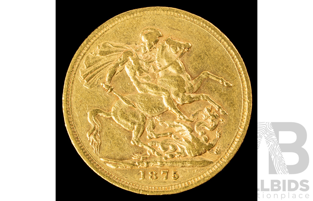 Australian 1875 QV Gold Sovereign, Melbourne Mint, St George Reverse .917
