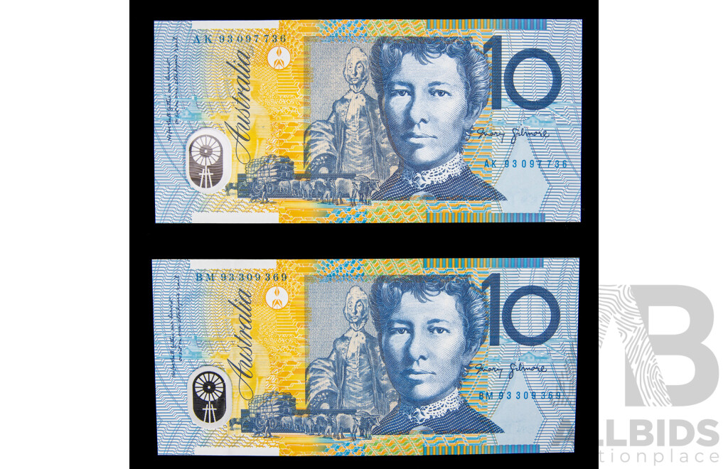 Two Australian 1993 Ten Dollar Notes Fraser/Evans R316a BM 93309369 and AK 93097736