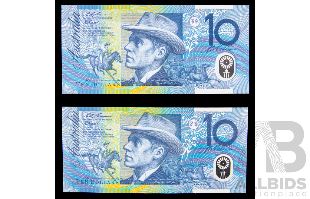 Two Australian 1993 Ten Dollar Notes Fraser/Evans R316a BM 93309369 and AK 93097736