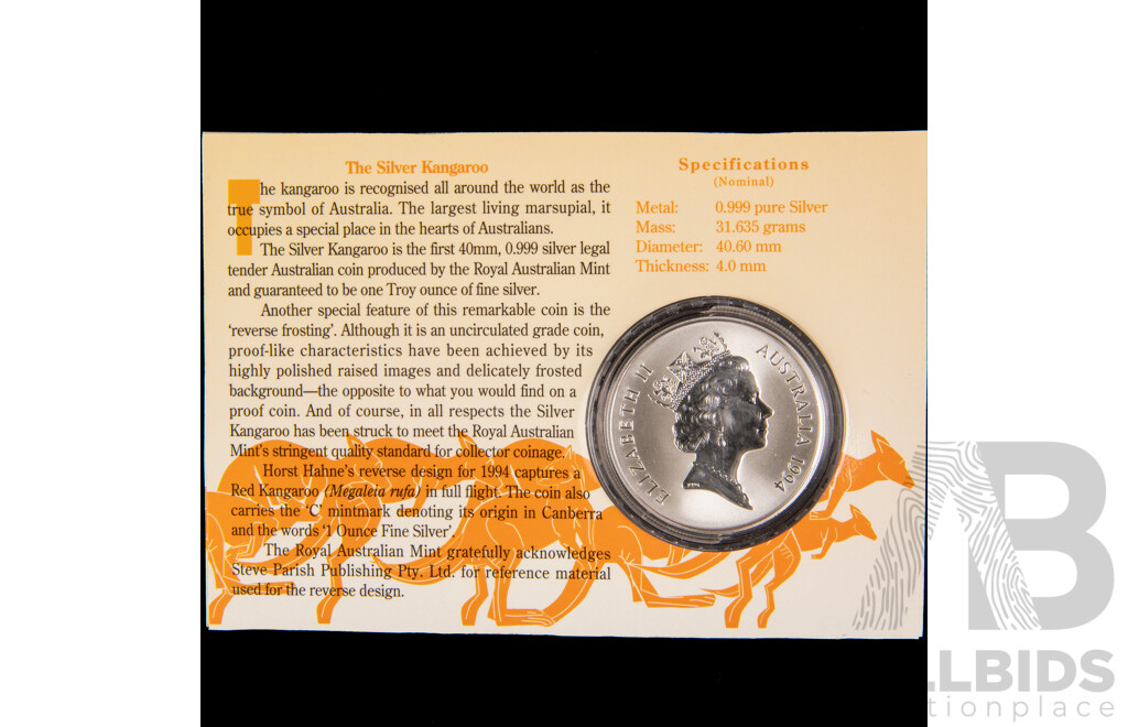Australian RAM 1994 One Dollar Silver Coin ‘C’Mint Mark, Kangaroo .999