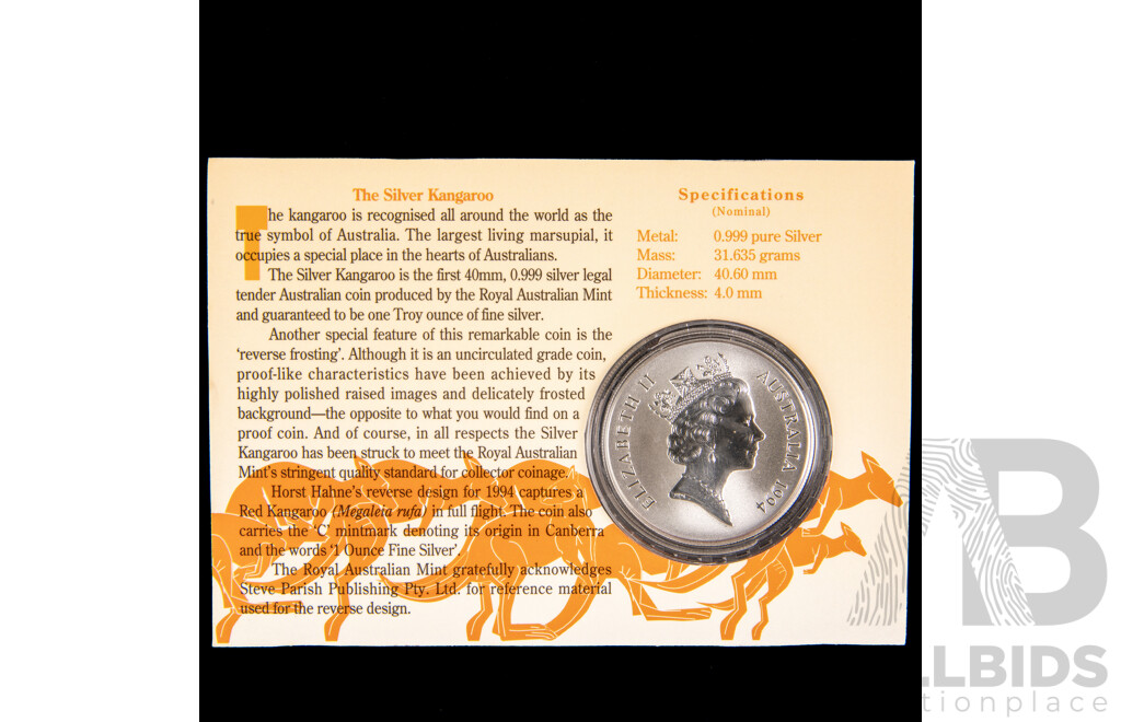 Australian RAM 1994 One Dollar Silver Coin ‘C’Mint Mark, Kangaroo .999