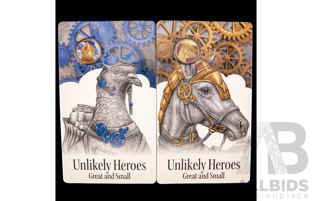 Two Australian RAM Coloured One Dollar Coins, Unlikely Heroes Great and Small, Blue Chequer Cock and Sandy the War Horse