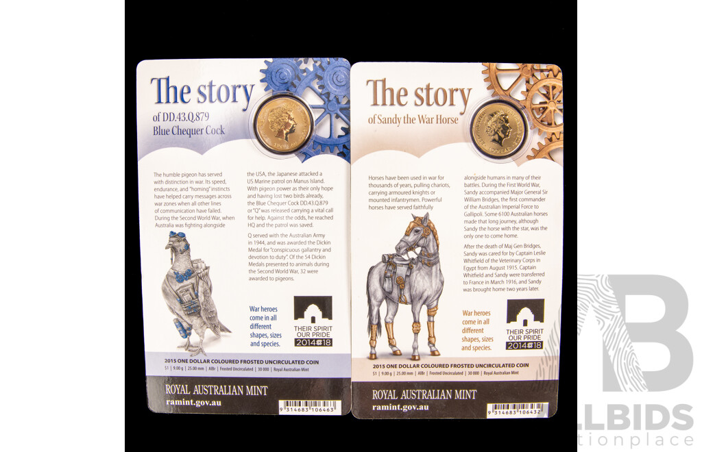 Two Australian RAM Coloured One Dollar Coins, Unlikely Heroes Great and Small, Blue Chequer Cock and Sandy the War Horse