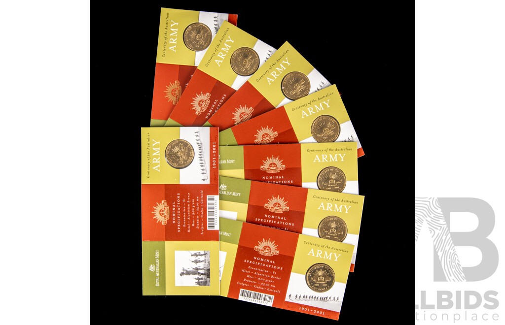 Eight Australian RAM 2001 One Dollar Coins, Centenary of Australian Army, Seven C Mint Mark, One S Mint Mark