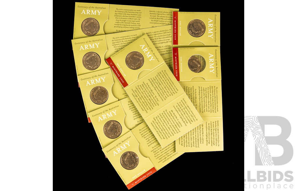 Eight Australian RAM 2001 One Dollar Coins, Centenary of Australian Army, Seven C Mint Mark, One S Mint Mark