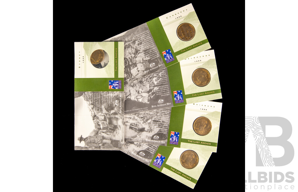 Five Australian RAM 1999 One Dollar Coins, The Last ANZACS, C, S, M, B(2) Mint Marks