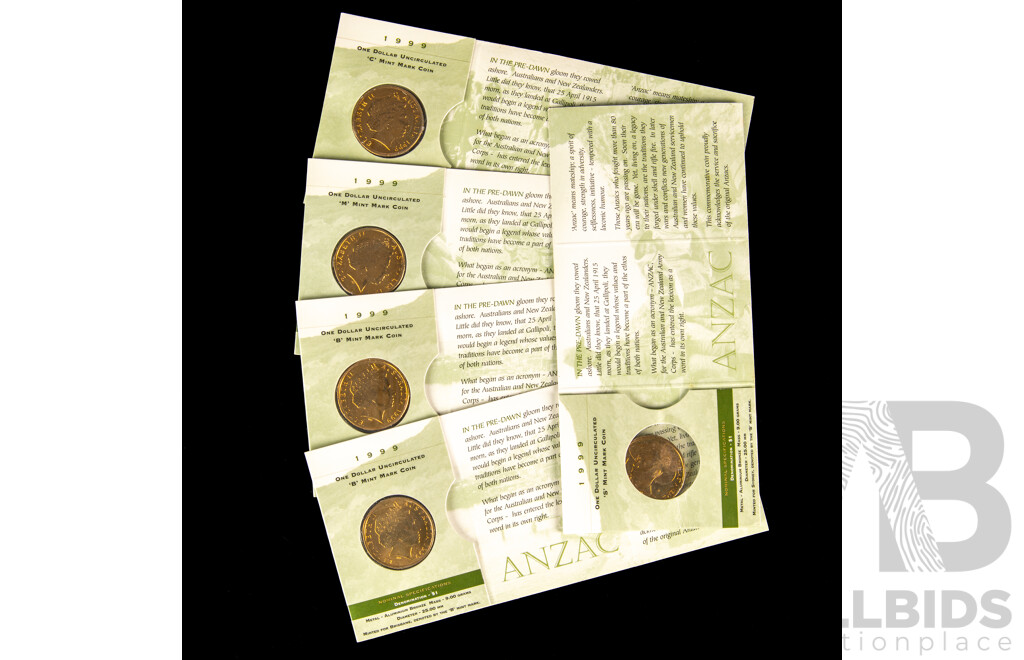 Five Australian RAM 1999 One Dollar Coins, The Last ANZACS, C, S, M, B(2) Mint Marks