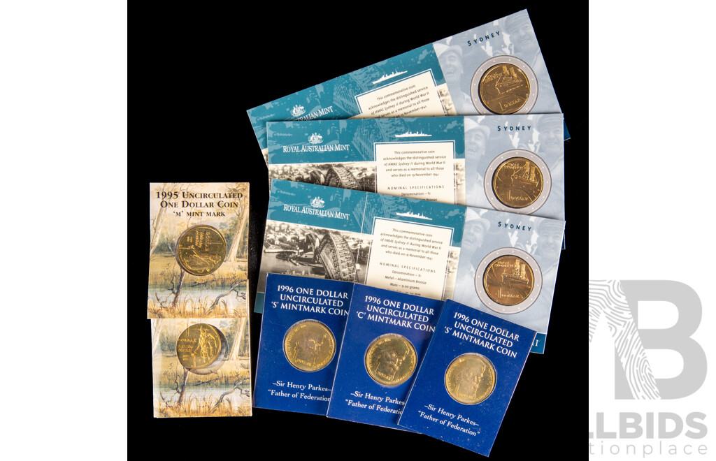 Eight Australian RAM Commemorative One Dollar Coins Including Two 1995 Waltzing Matilda 'M', Three 1996 Sir Henry Parkes 'C' 'S', Three 2000 HMAS Sydney II 'S'