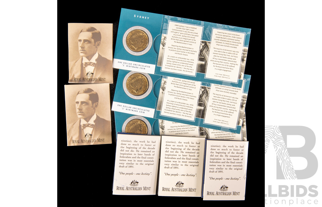 Eight Australian RAM Commemorative One Dollar Coins Including Two 1995 Waltzing Matilda 'M', Three 1996 Sir Henry Parkes 'C' 'S', Three 2000 HMAS Sydney II 'S'