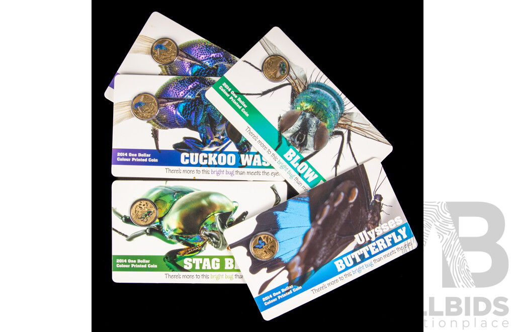 Five Australian RAM 2014 Coloured One Dollar Coins, Stag Beetle, Cuckoo Wasp(2), Blow Fly, Ulysses Butterfly