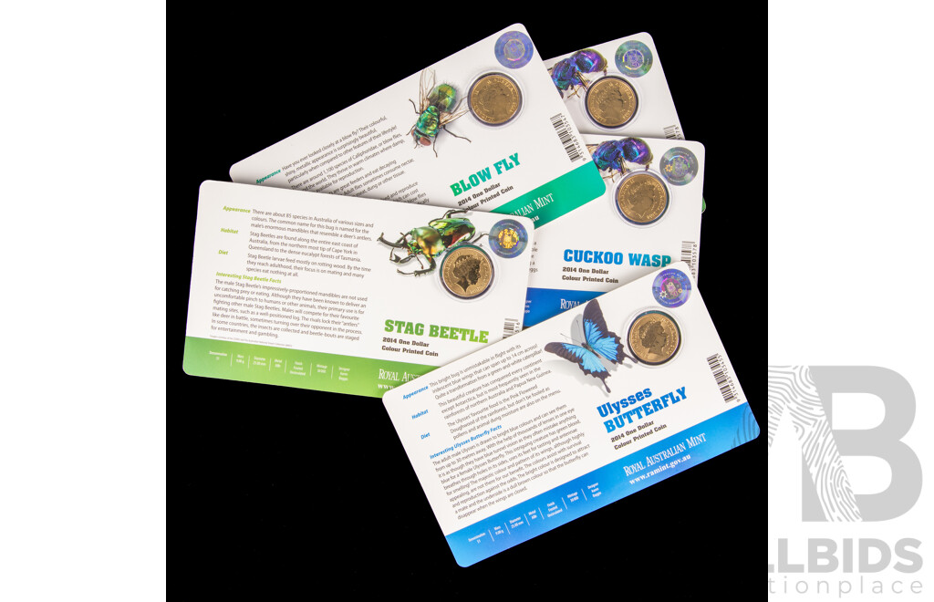 Five Australian RAM 2014 Coloured One Dollar Coins, Stag Beetle, Cuckoo Wasp(2), Blow Fly, Ulysses Butterfly