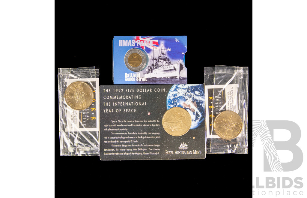 Four Australian Commemorative Five Dollar Coins Including Two 1988 Parliament House, 1992 Year of Space, 2002 HMAS Perth