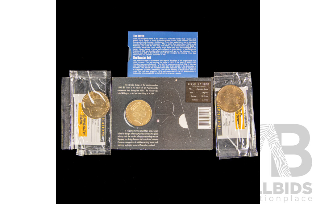 Four Australian Commemorative Five Dollar Coins Including Two 1988 Parliament House, 1992 Year of Space, 2002 HMAS Perth
