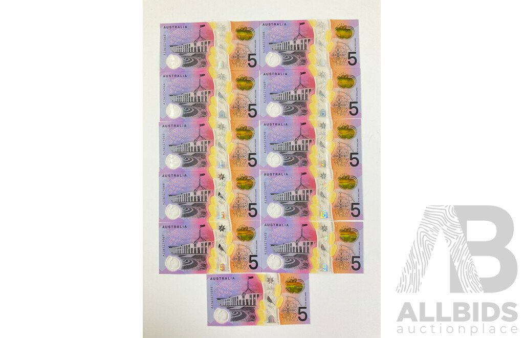 Eleven Australian 2016 Five Dollar Notes, Stevens/Fraser R224 Consecutive AJ 161574063 - AJ 161574072 and AJ 161574074