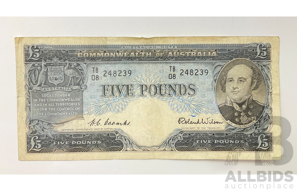 Australian 1954 Five Pound Note R49 Coombs/Wilson TB 08 248239