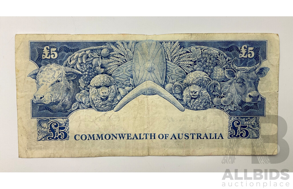 Australian 1954 Five Pound Note R49 Coombs/Wilson TB 08 248239