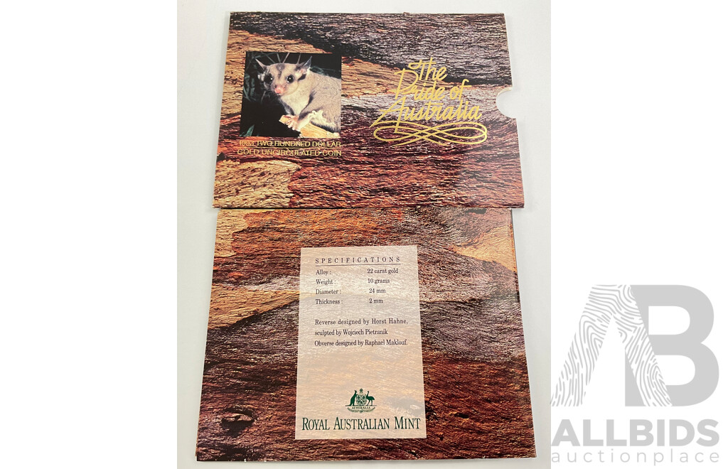 Australian RAM 1993 Gold Two Hundred Dollar Coin, Pride of Australia, Squirrel Glider .917