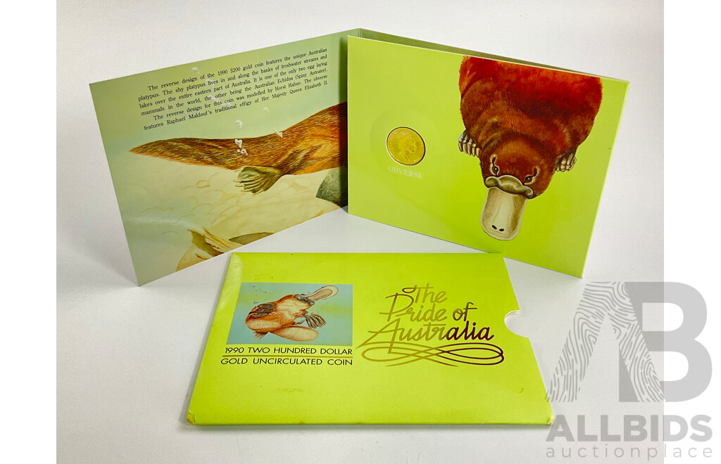 Australian RAM 1990 Gold Two Hundred Dollar Coin, the Pride of Australia, Platypus .917
