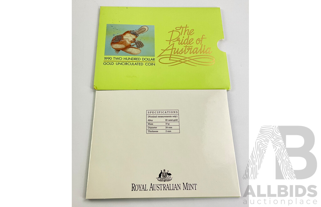 Australian RAM 1990 Gold Two Hundred Dollar Coin, the Pride of Australia, Platypus .917