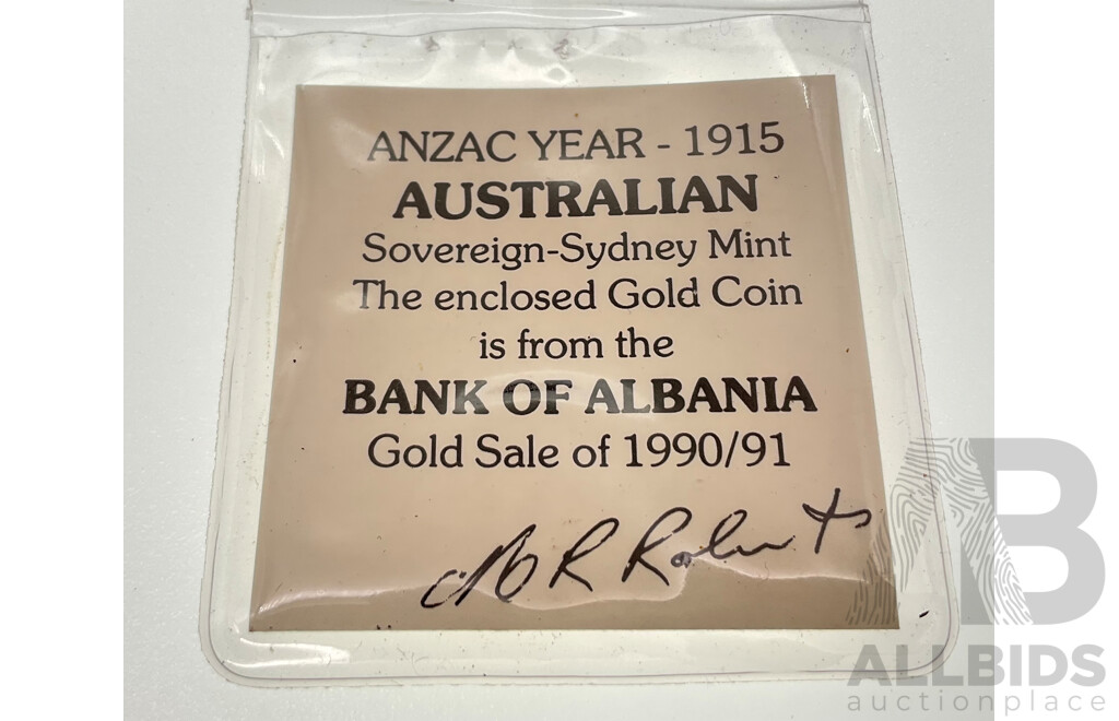 Australian 1915 KGV Gold Sovereign, Sydney Mint, M.R. Roberts, Ex Bank of Albania Gold Sale of 1990/91