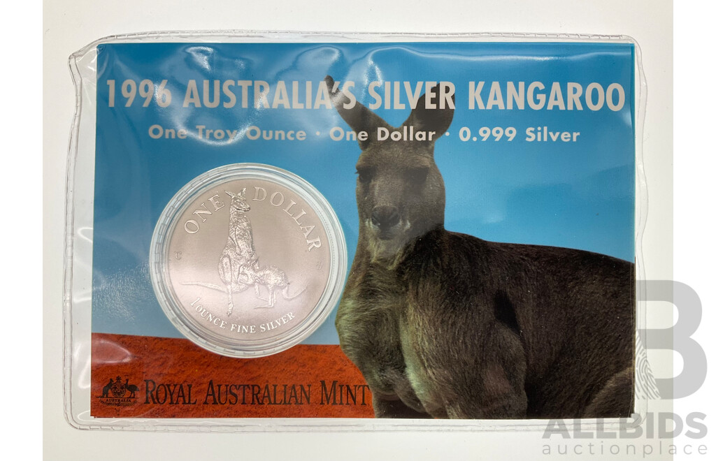 Australian RAM 1996 Silver Frosted One Dollar Coin, Silver Kangaroo .999