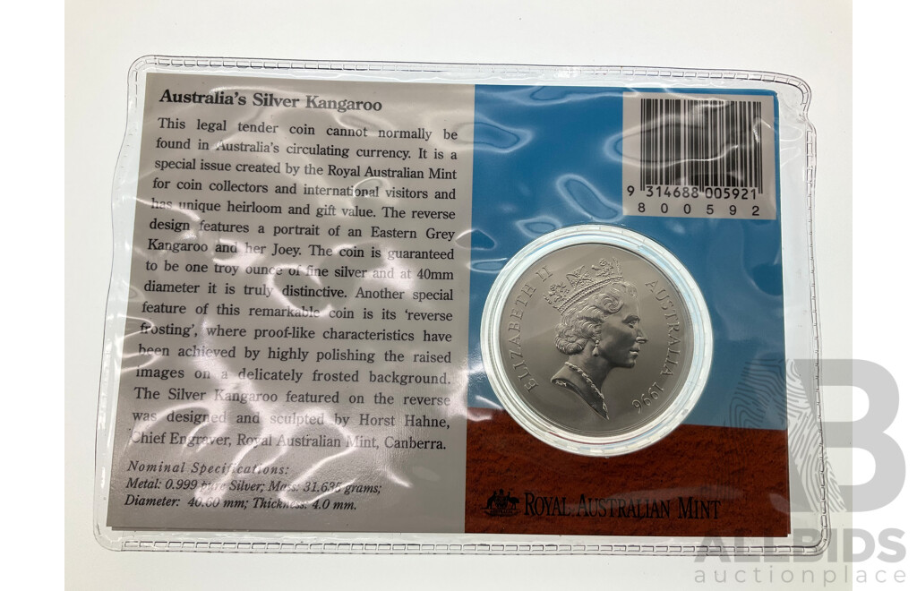 Australian RAM 1996 Silver Frosted One Dollar Coin, Silver Kangaroo .999