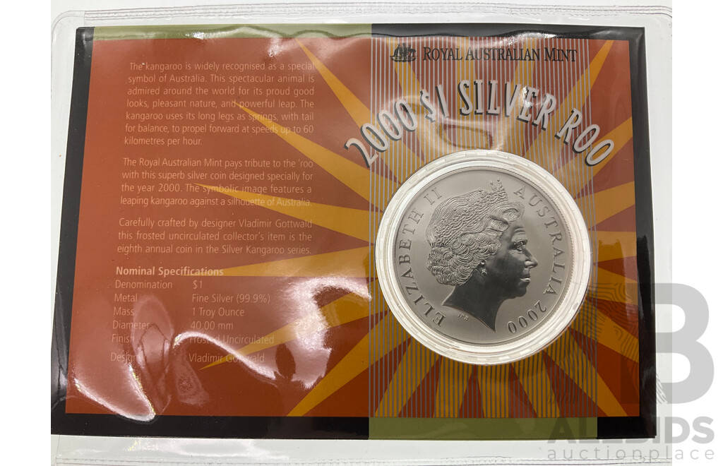 Australian RAM 2000 Silver Frosted One Dollar Coin, Silver Kangaroo .999